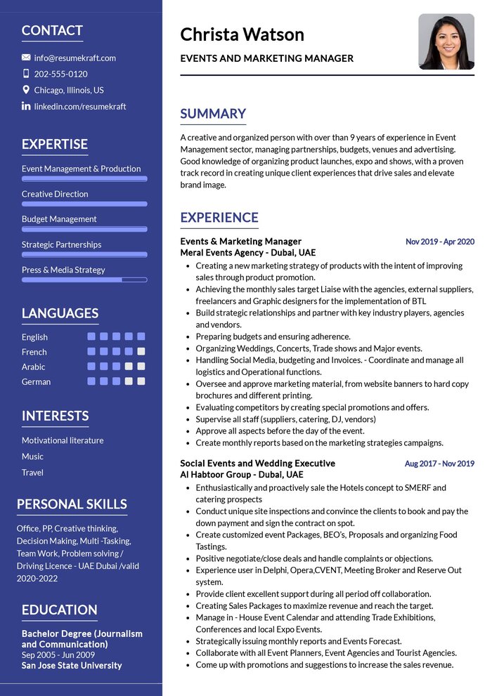 Events and Marketing Manager CV Sample in 2024 - ResumeKraft