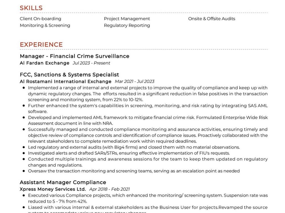 Financial Crime Surveillance CV Sample