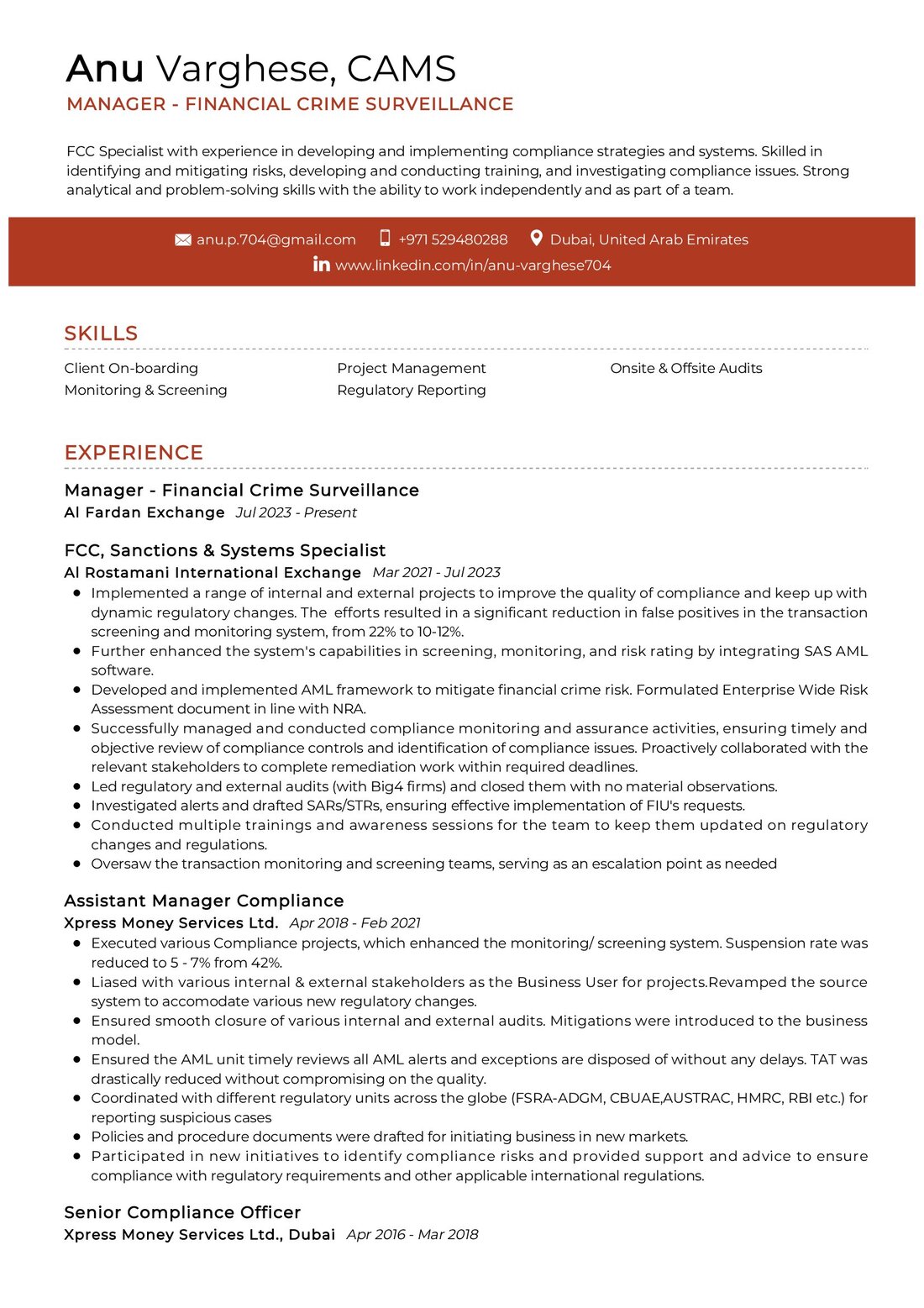 Financial Crime Surveillance CV Sample in 2024 - ResumeKraft