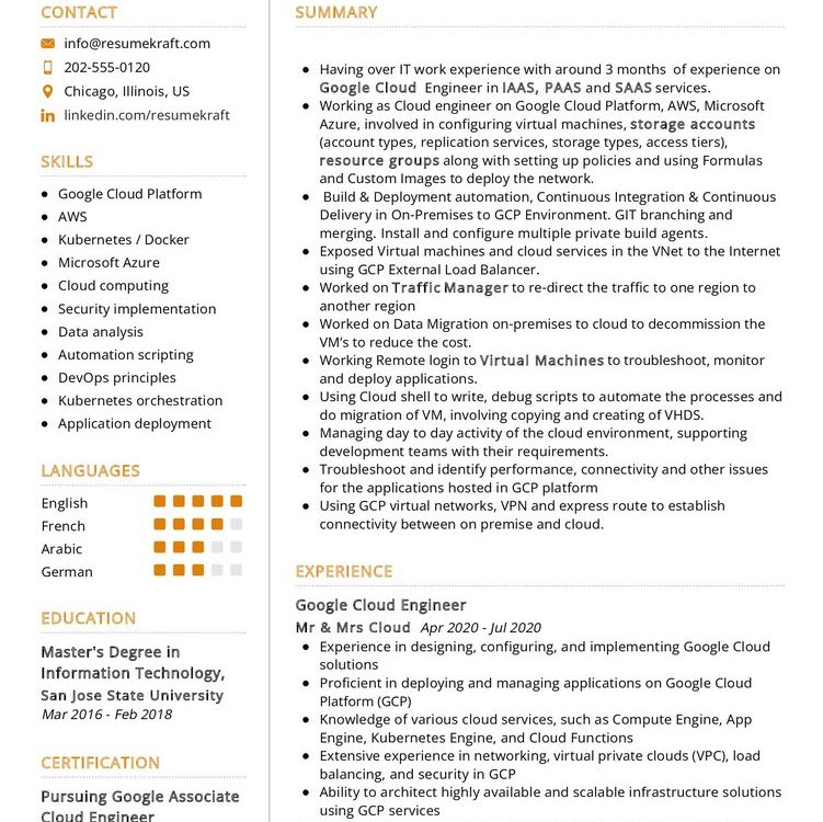 Google Cloud Engineer CV Example in 2024 - ResumeKraft