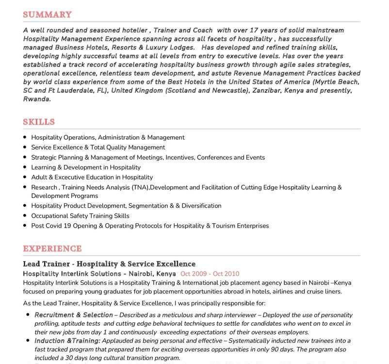 Hospitality Training Manager CV Sample