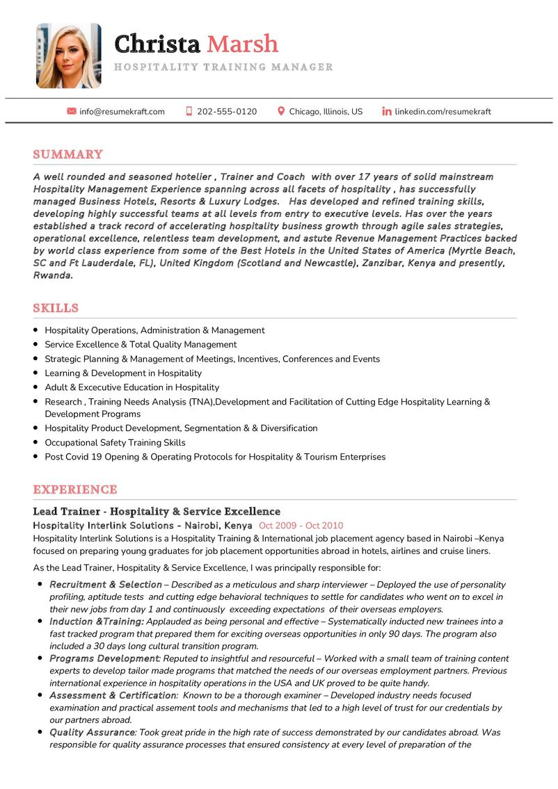 Hospitality Training Manager CV Sample in 2024 - ResumeKraft