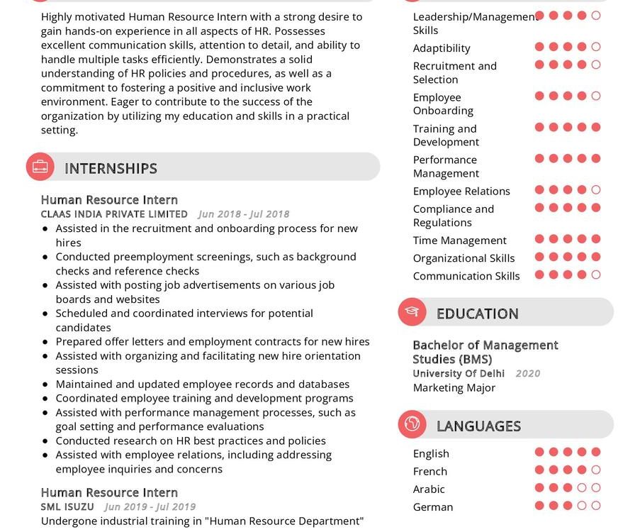 Human Resource Intern CV Example