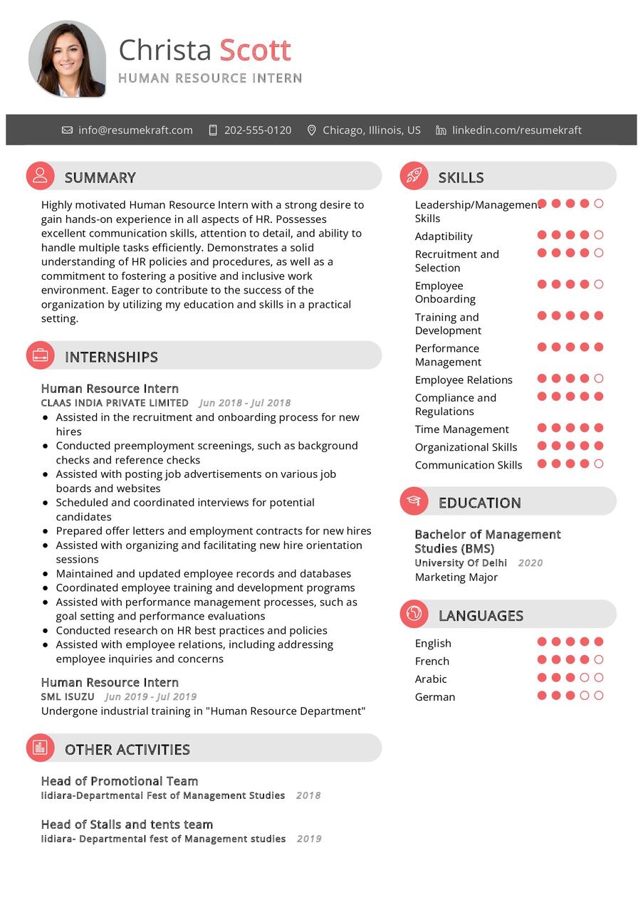 Human Resource Intern CV Example in 2024 - ResumeKraft