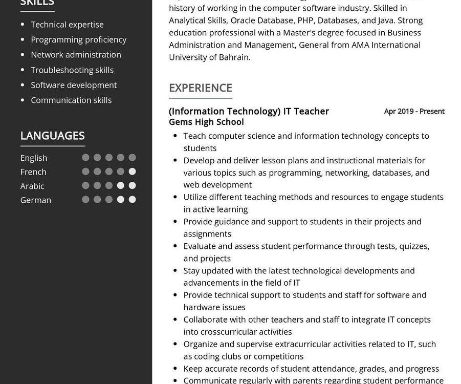 IT Teacher CV Sample