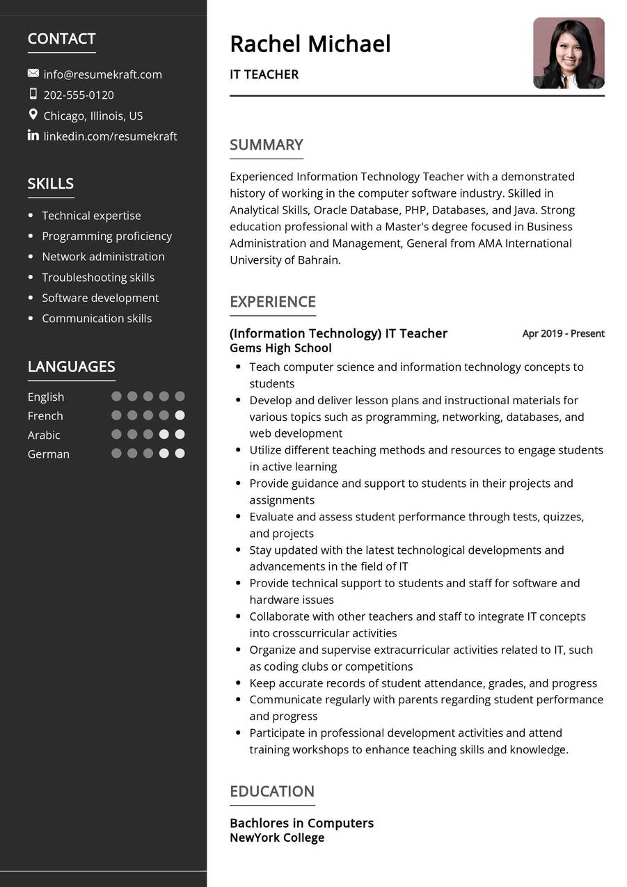 IT Teacher CV Sample in 2024 - ResumeKraft