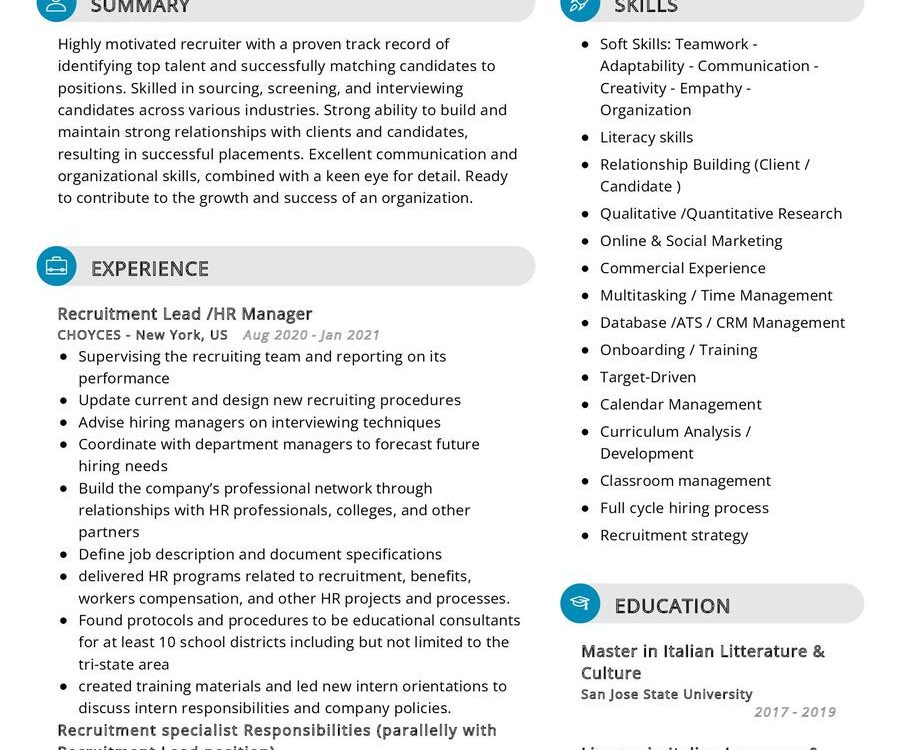 Italian & English Teacher Recruiter CV Example in 2024 - ResumeKraft