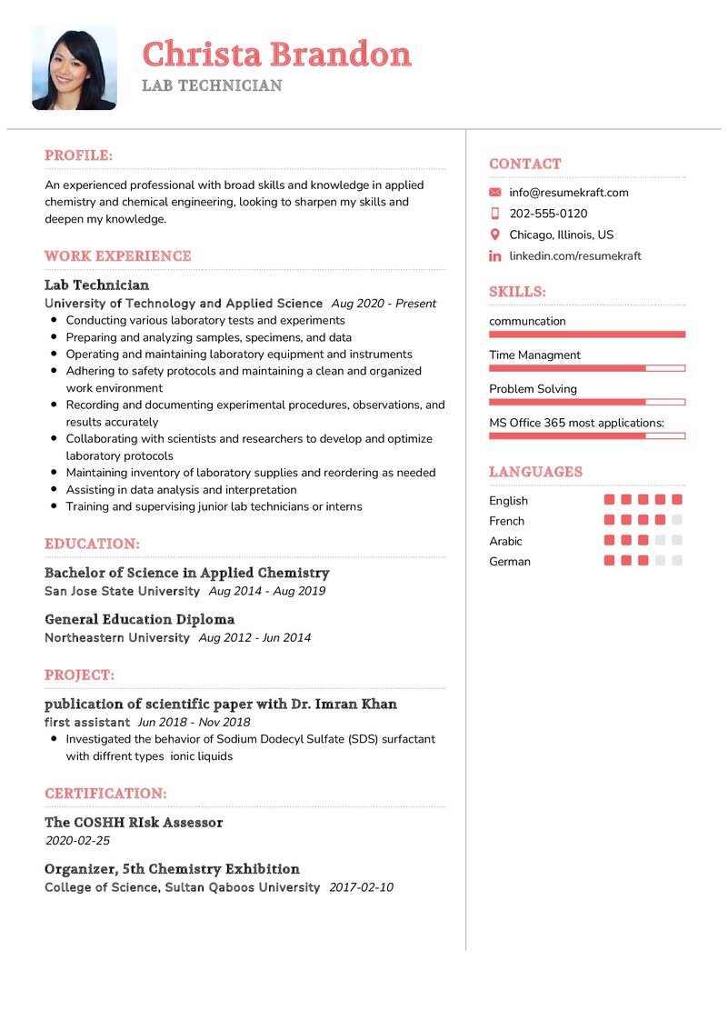 Lab Technician CV Example in 2024 - ResumeKraft