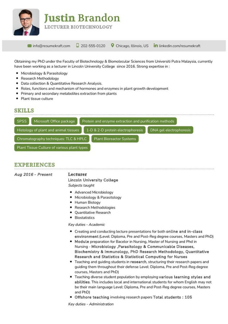 2200 Professional Resume Samples - Lecturer Biotechnology CV Example 768x1087 