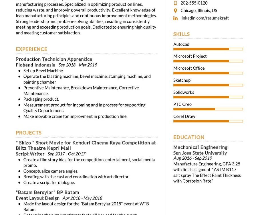 Manufacture Engineering CV Example