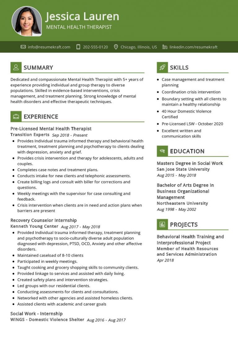 Healthcare Resume Samples Page - Mental Health Therapist CV Sample 768x1086 