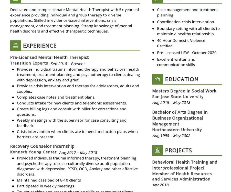 Mental Health Therapist CV Sample