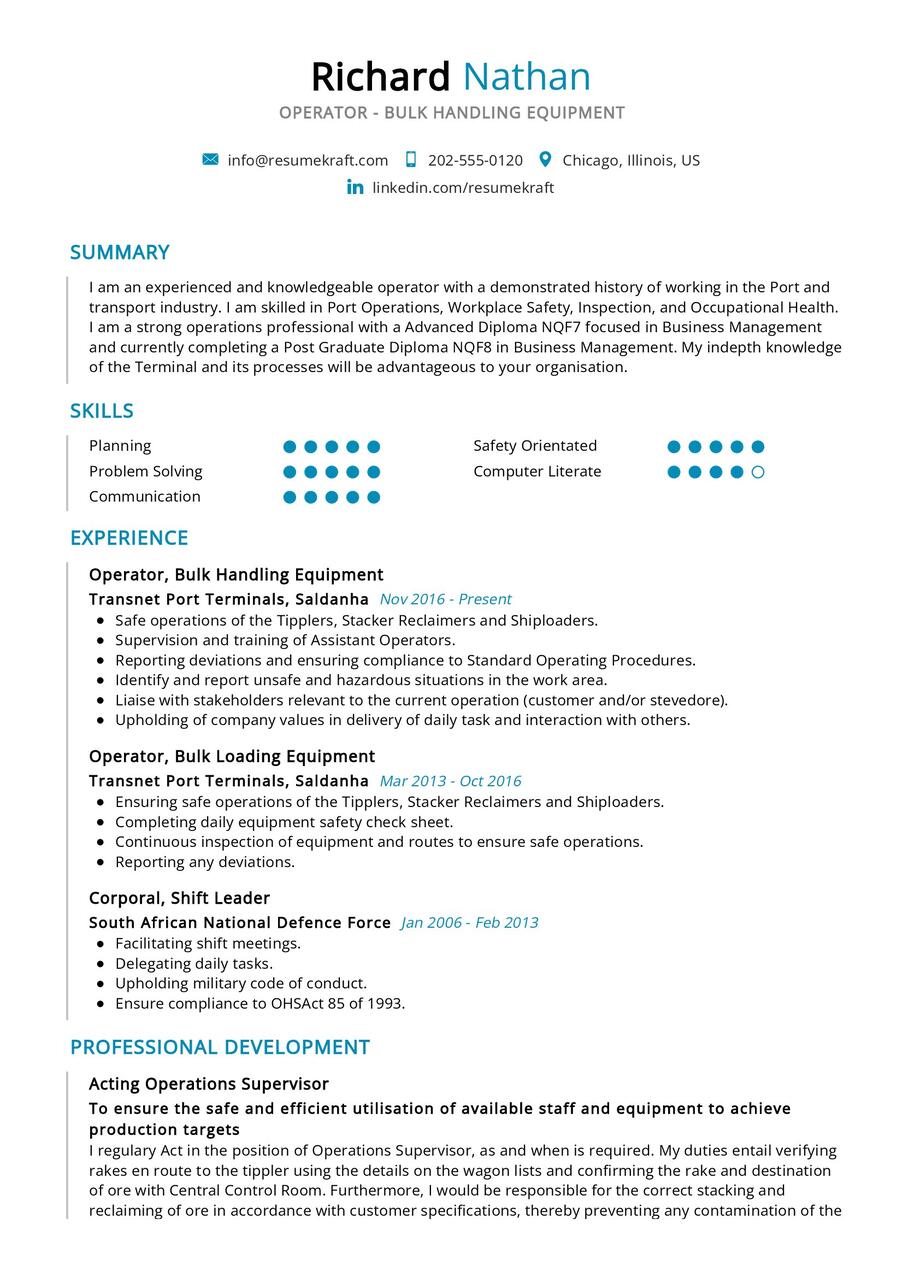 Operator - Bulk Handling Equipment CV Example