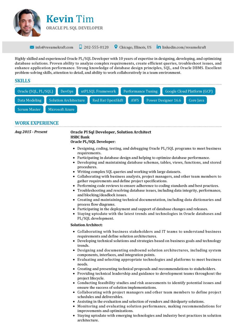 Oracle Pl Sql Developer Cv Sample In 2024 Resumekraft 3669