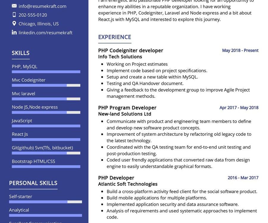 PHP Developer CV Example In 2024 ResumeKraft   PHP Developer CV Example 901x750 