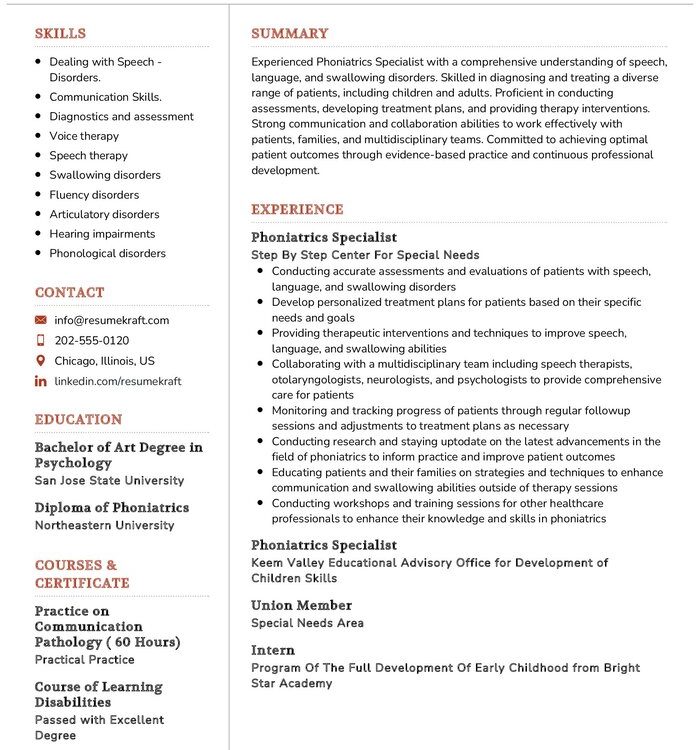 Phoniatrics Specialist CV Example in 2024 - ResumeKraft