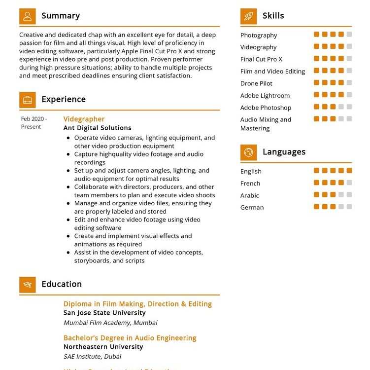 Photographer & Videographer CV Example