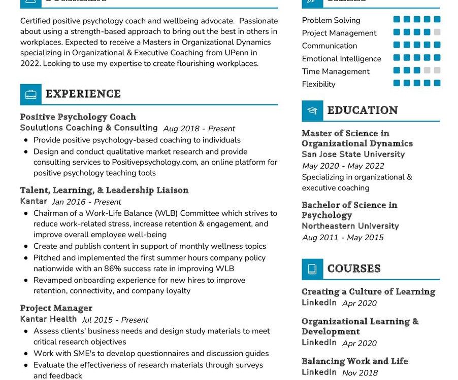 Positive Psychology Coach CV Example