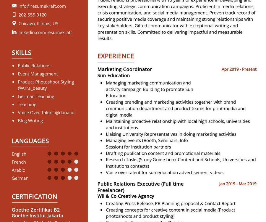 Public Relations Communication CV Sample