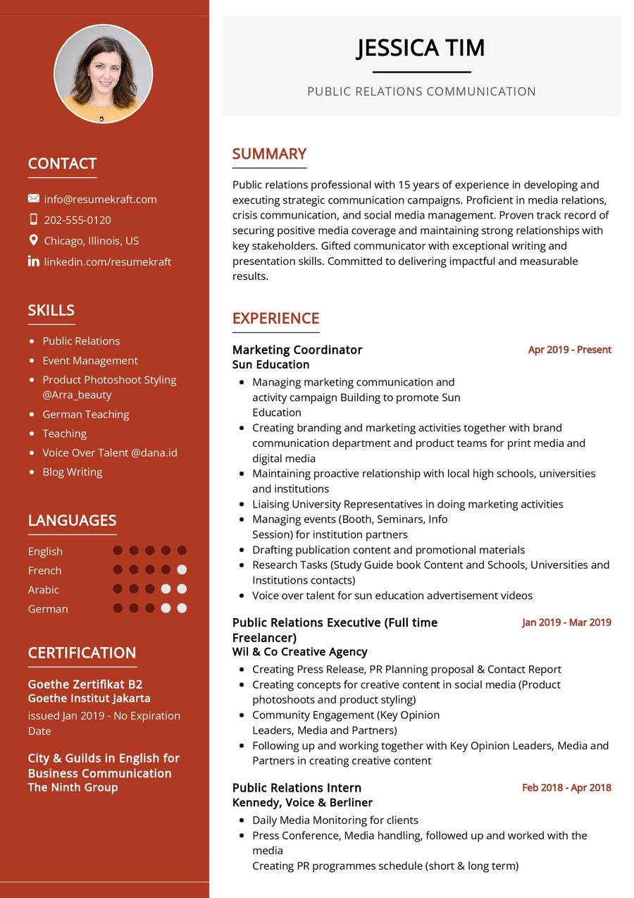 Public Relations Communication CV Sample in 2024 - ResumeKraft