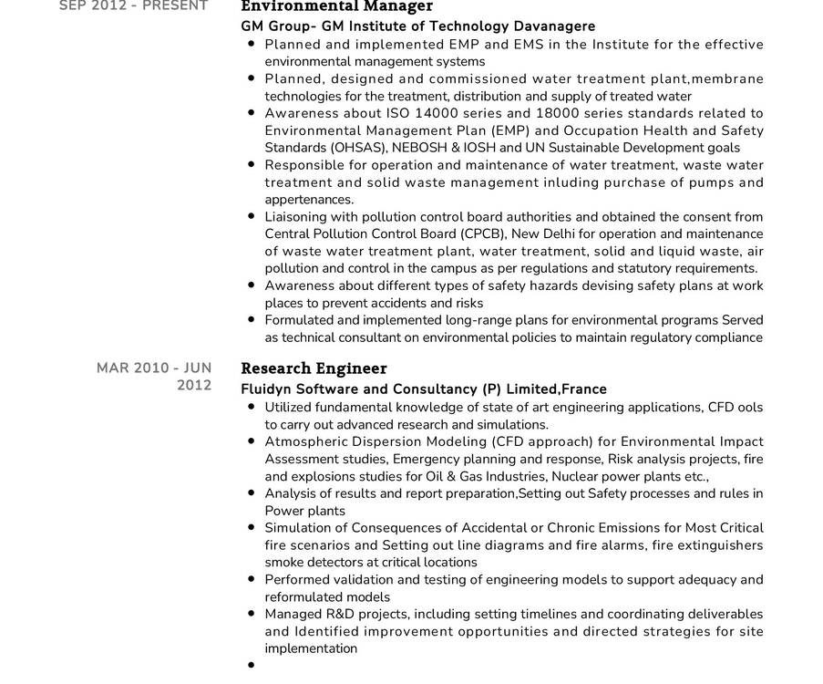 Senior Environmental Expert CV Sample