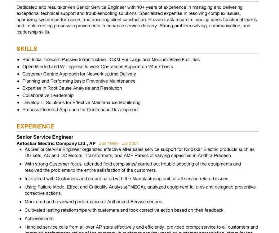 service engineer qualifications resume