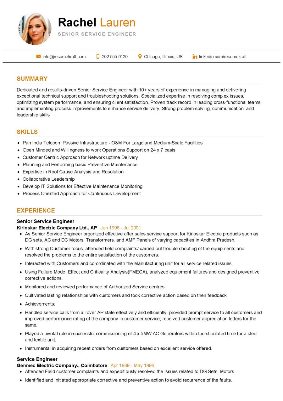 Senior Service Engineer CV Sample in 2024 - ResumeKraft