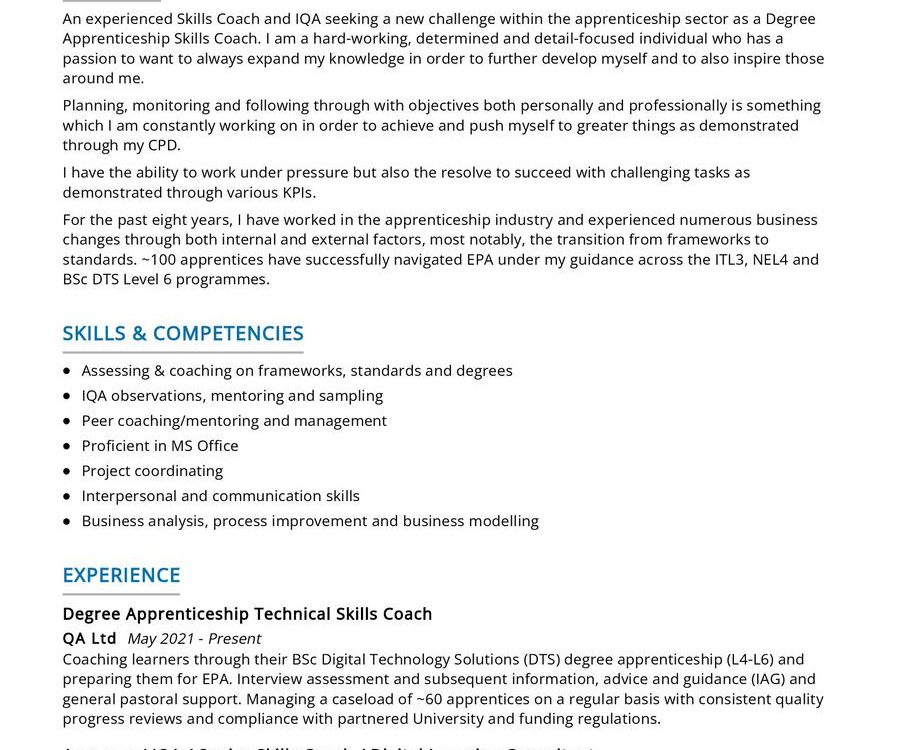 Technical Skills Coach CV Example