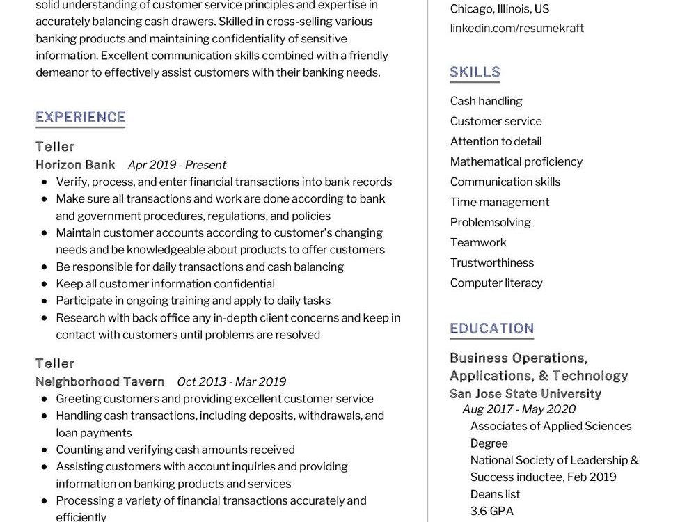 Teller CV Example in 2024 - ResumeKraft