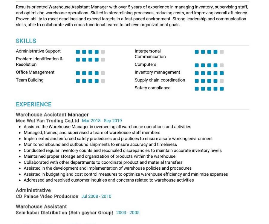 Warehouse Assistant Manager CV Example in 2024 - ResumeKraft