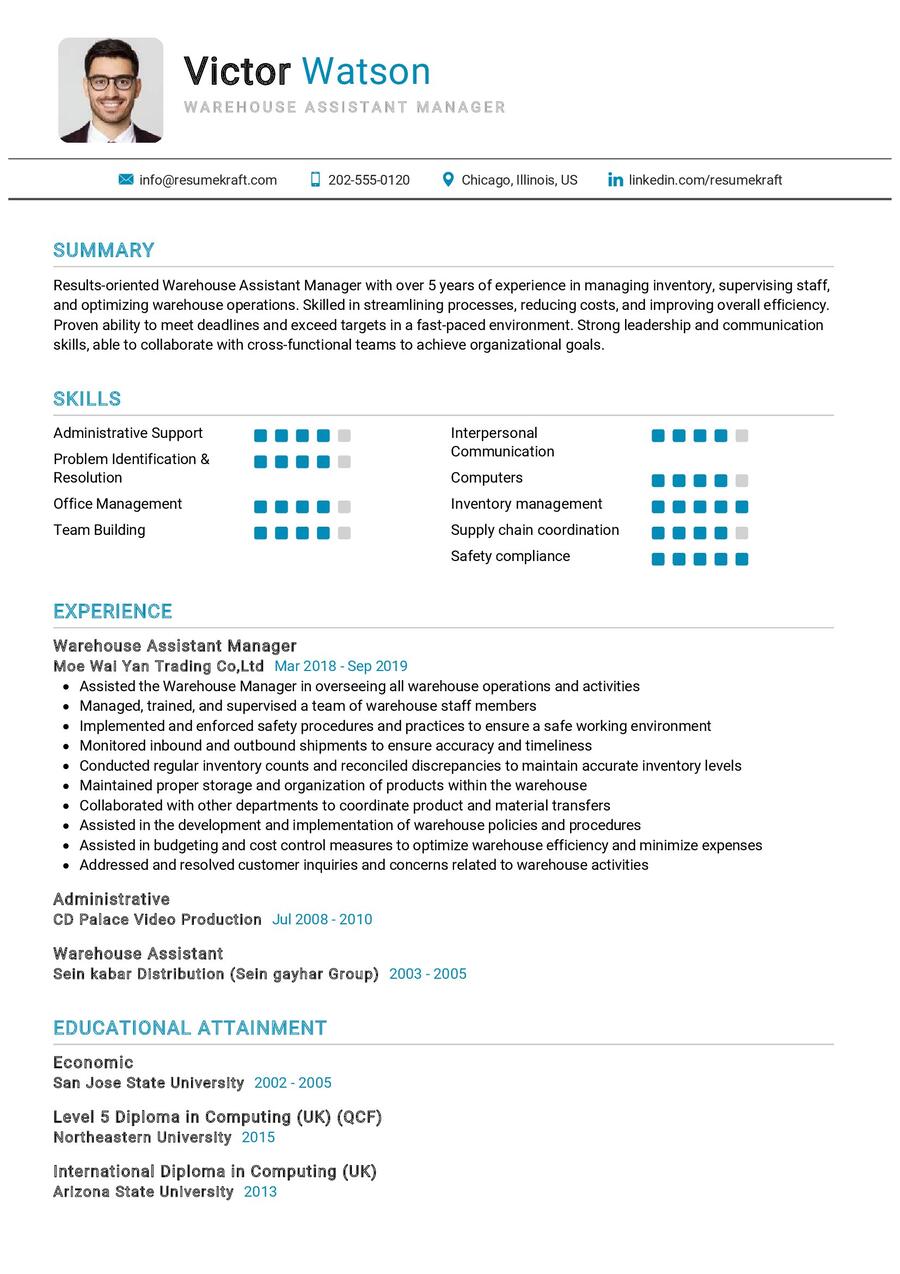 Warehouse Assistant Manager CV Example in 2024 - ResumeKraft