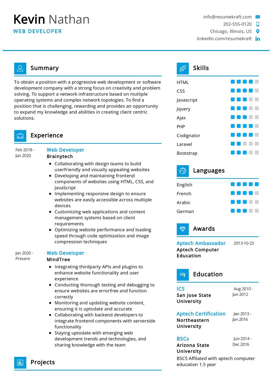 Web Developer CV Example in 2024 - ResumeKraft