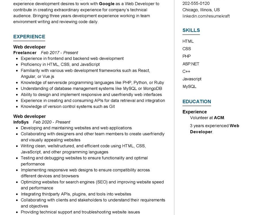 Web Developer CV Sample in 2025 - ResumeKraft