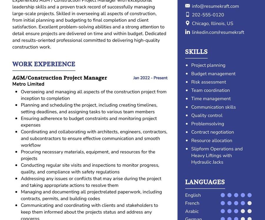 AGM Construction Project Manager CV Example in 2025 ResumeKraft AGM Construction Project Manager CV Example in 2025 ResumeKraft