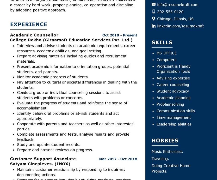 Academic Counselor CV Sample in 2024 - ResumeKraft