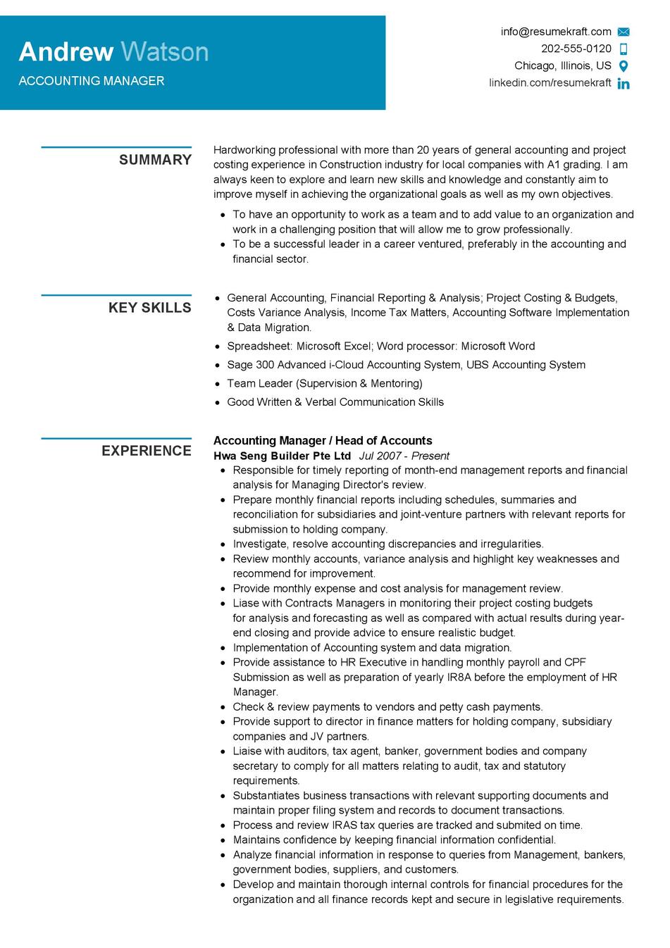 Accounting Manager CV Example in 2024 - ResumeKraft