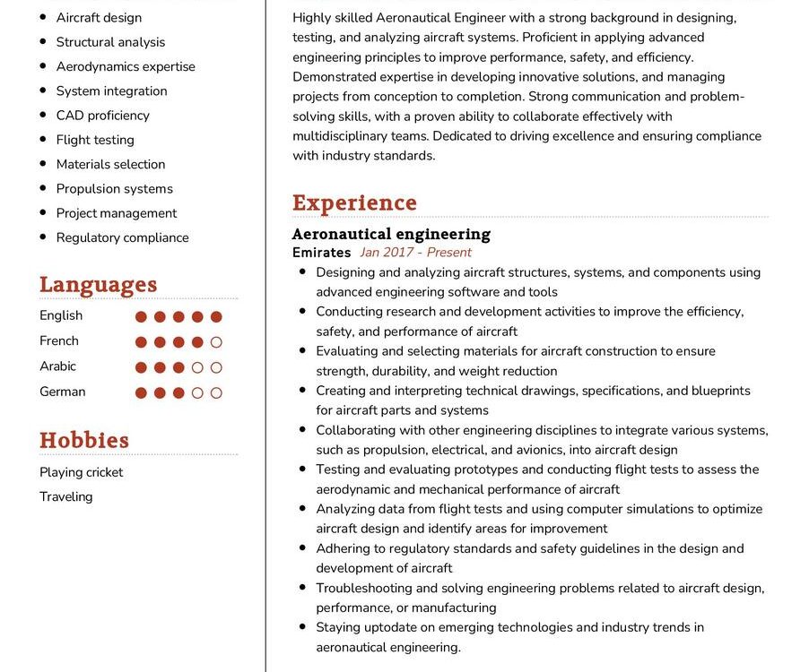 Aeronautical Engineer CV Sample In 2024 - ResumeKraft