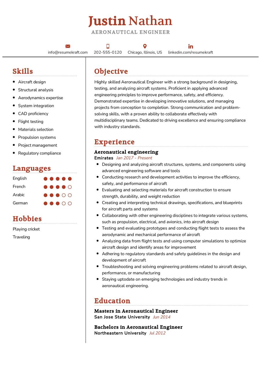 Aeronautical Engineer CV Sample in 2024 - ResumeKraft