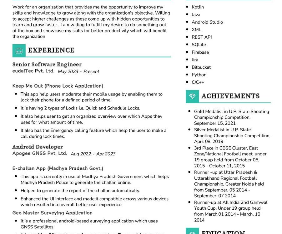 Android Developer CV Sample in 2024 - ResumeKraft