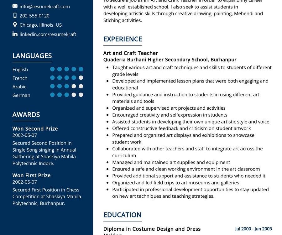 Art and Craft Teacher CV Sample in 2024 - ResumeKraft