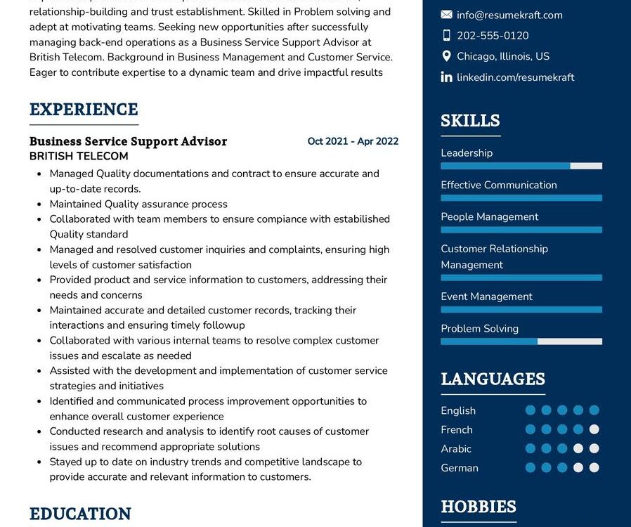 Business Service Support Advisor CV Example