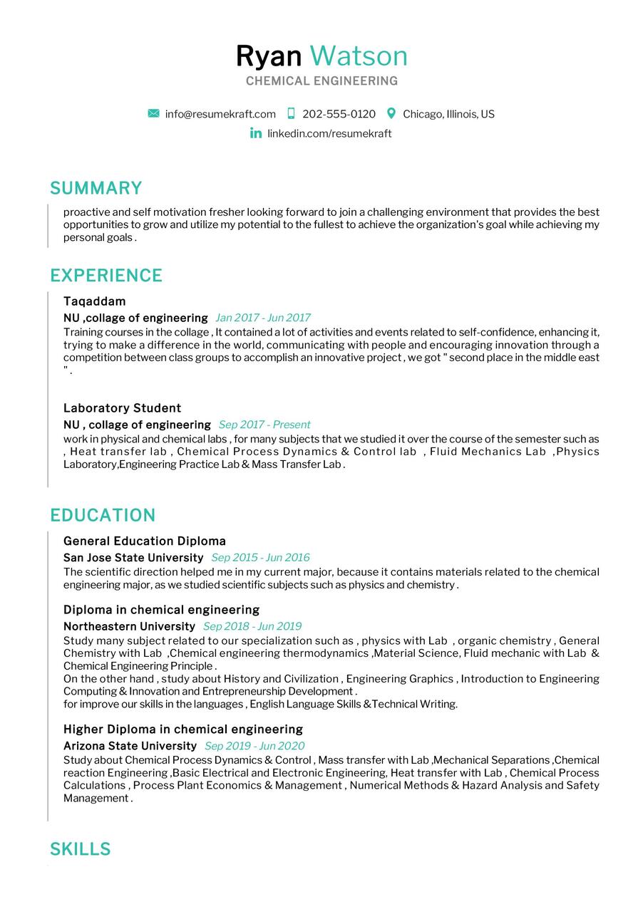 Chemical Engineering CV Sample