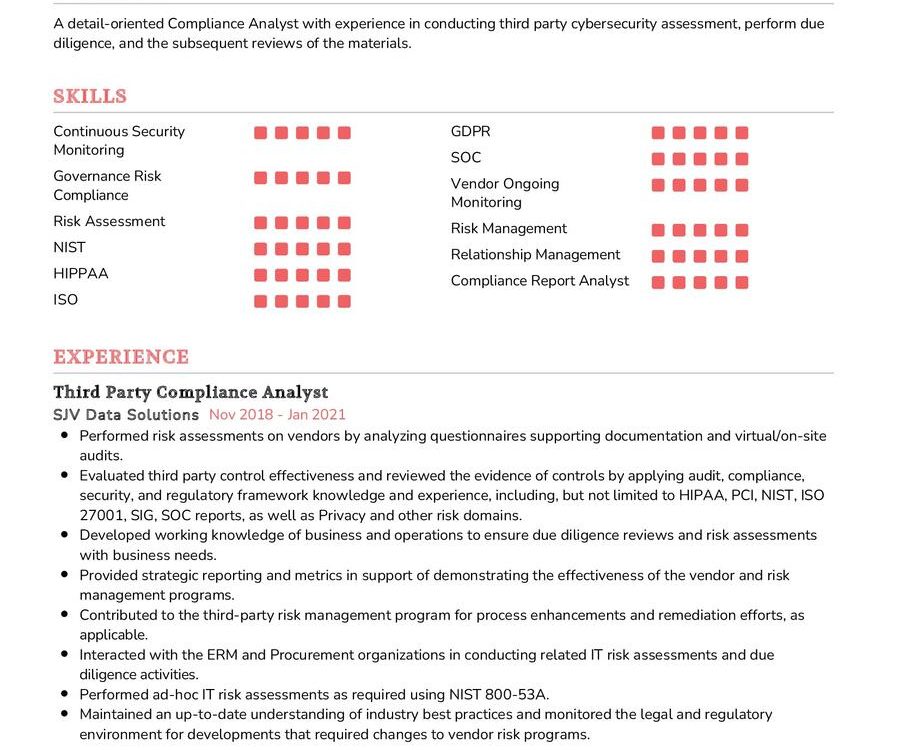 Compliance Analyst CV Example