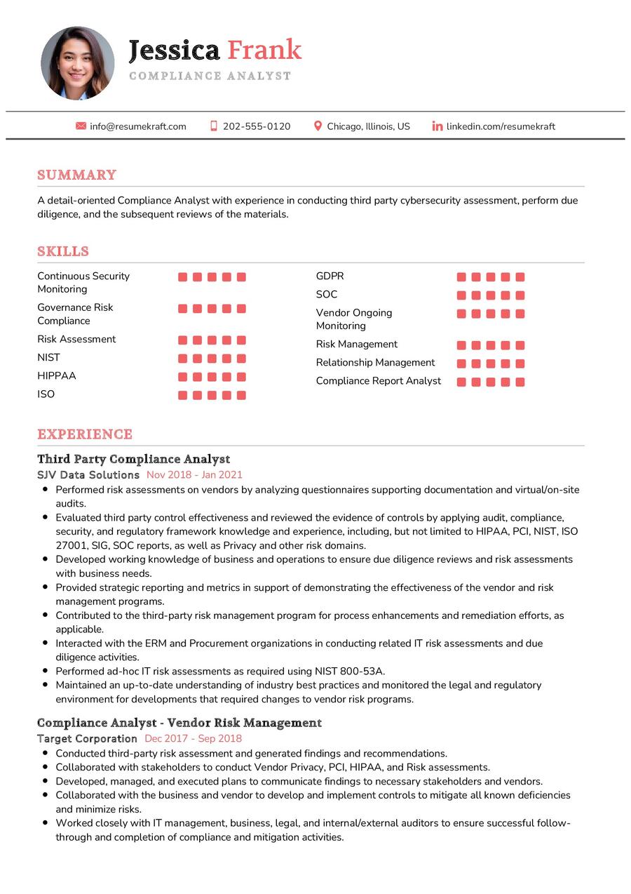 Compliance Analyst CV Example in 2024 - ResumeKraft