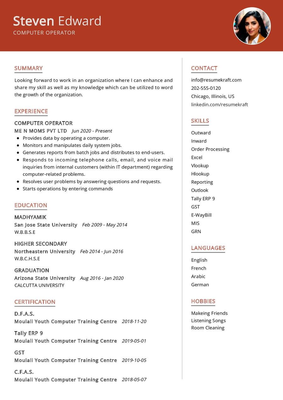 Computer Operator CV Sample in 2024 - ResumeKraft