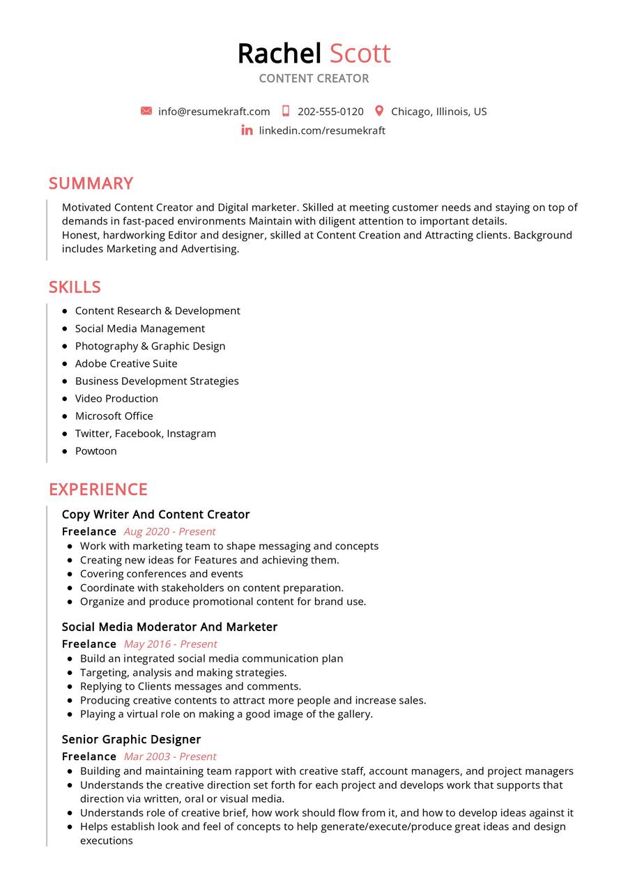 Content Creator CV Sample in 2024 - ResumeKraft