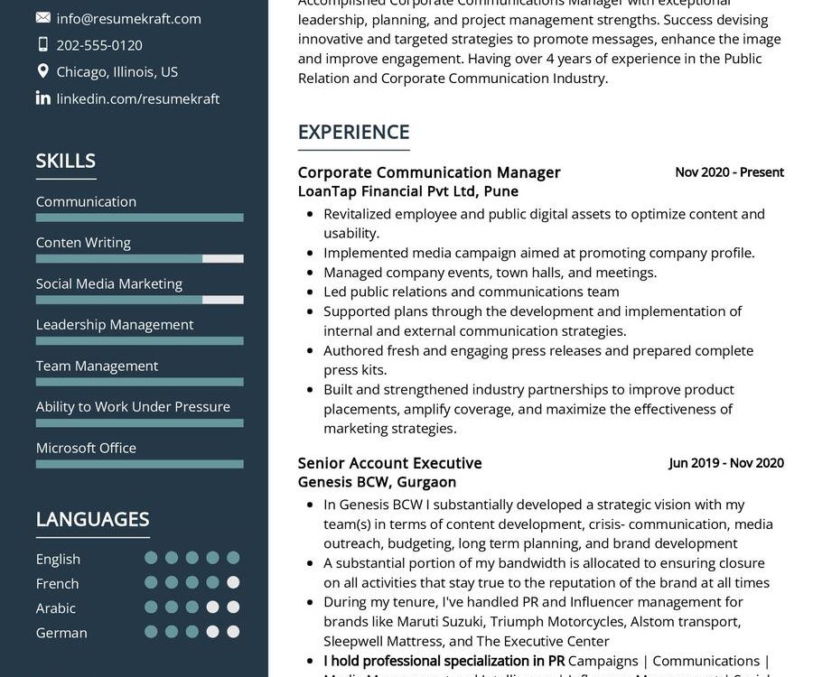 Corporate Communication Manager CV Sample in 2024 - ResumeKraft