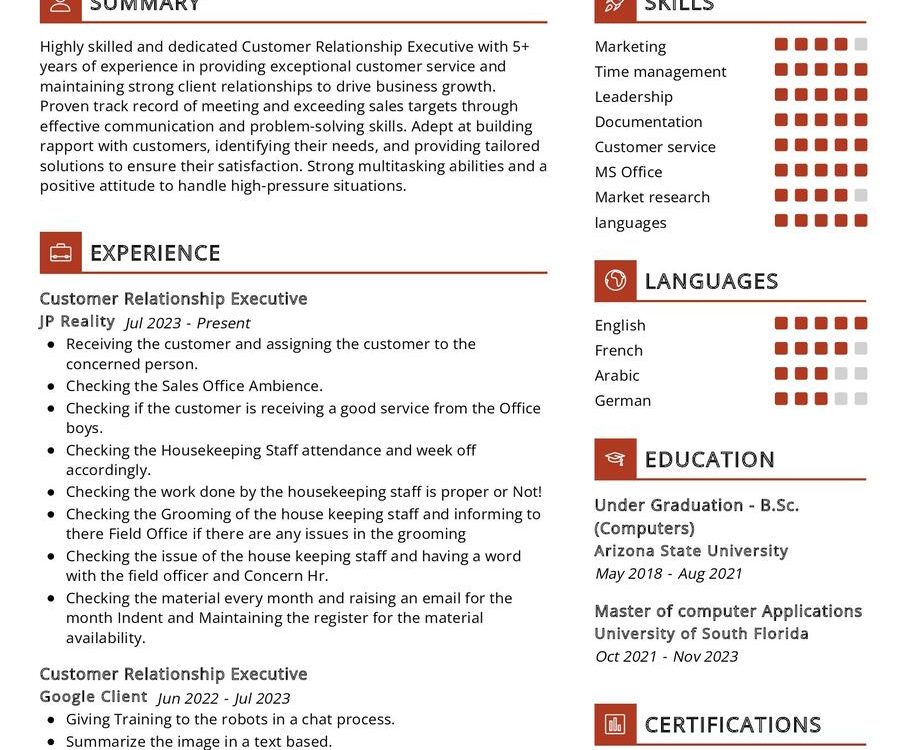 Customer Relationship Executive CV Sample