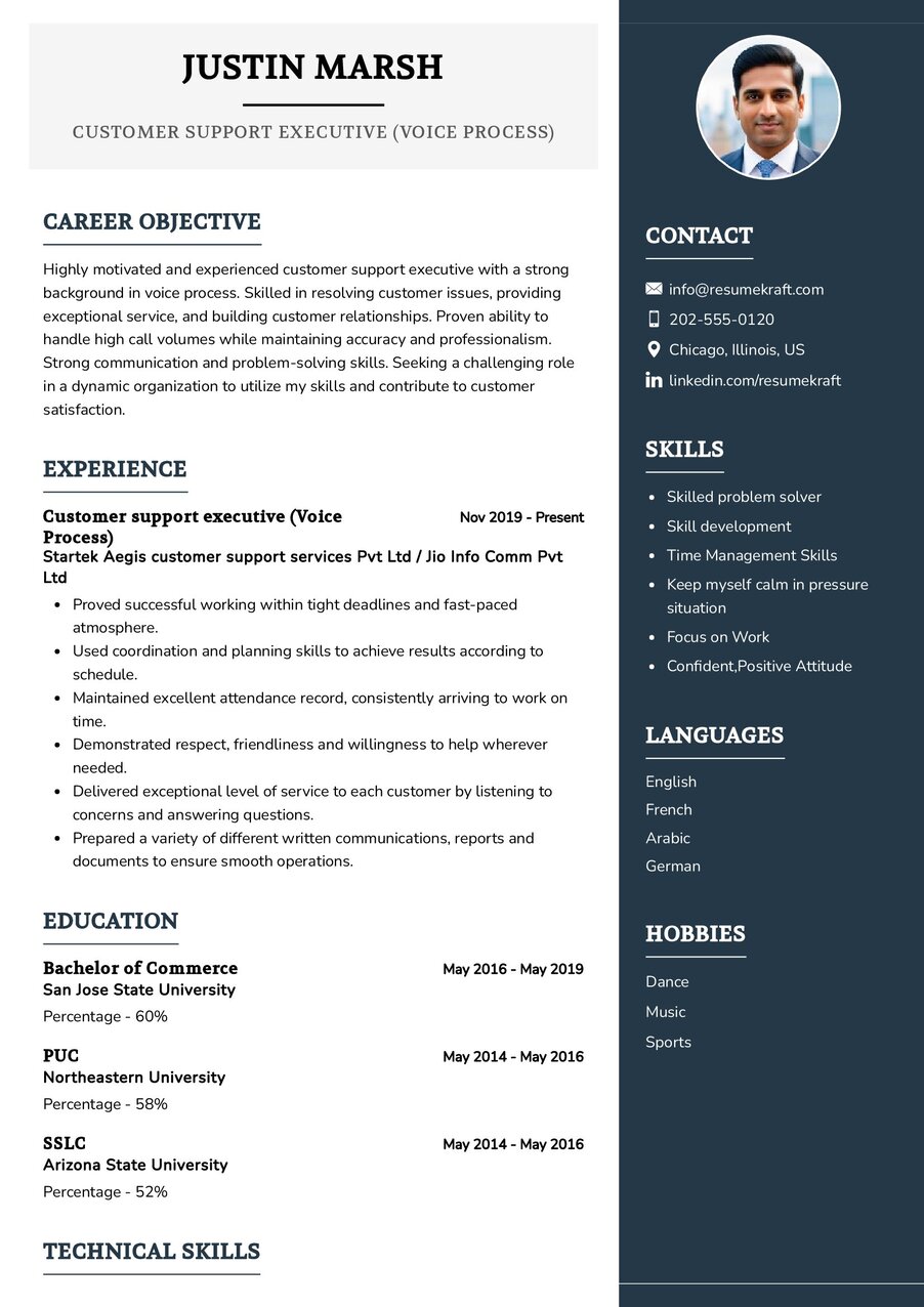 resume format for customer support executive