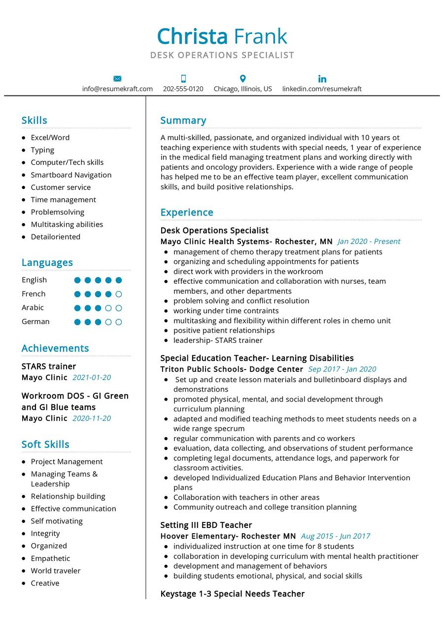 Desk Operations Specialist CV Example in 2024 - ResumeKraft